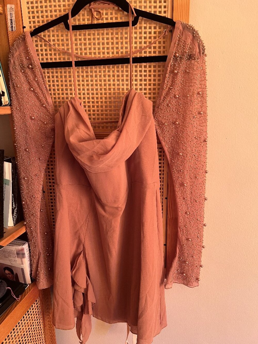 Oh Polly Milan Brown Embellished Corset Mini Dress Beaded Sleeves Size 6US/UK10